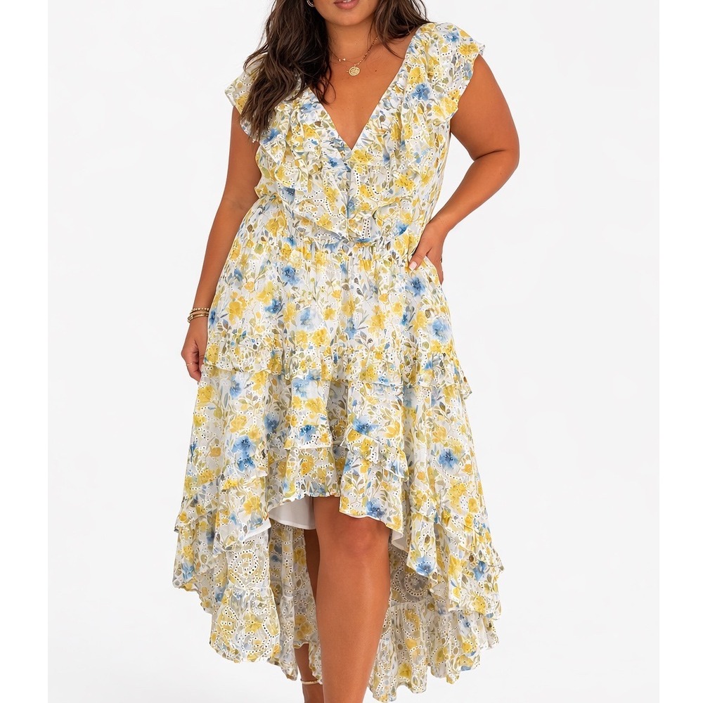 Layered With Love‎ NWT Blue & Yellow Floral Eyelet Tiered Ruffle Floral Dress 1X